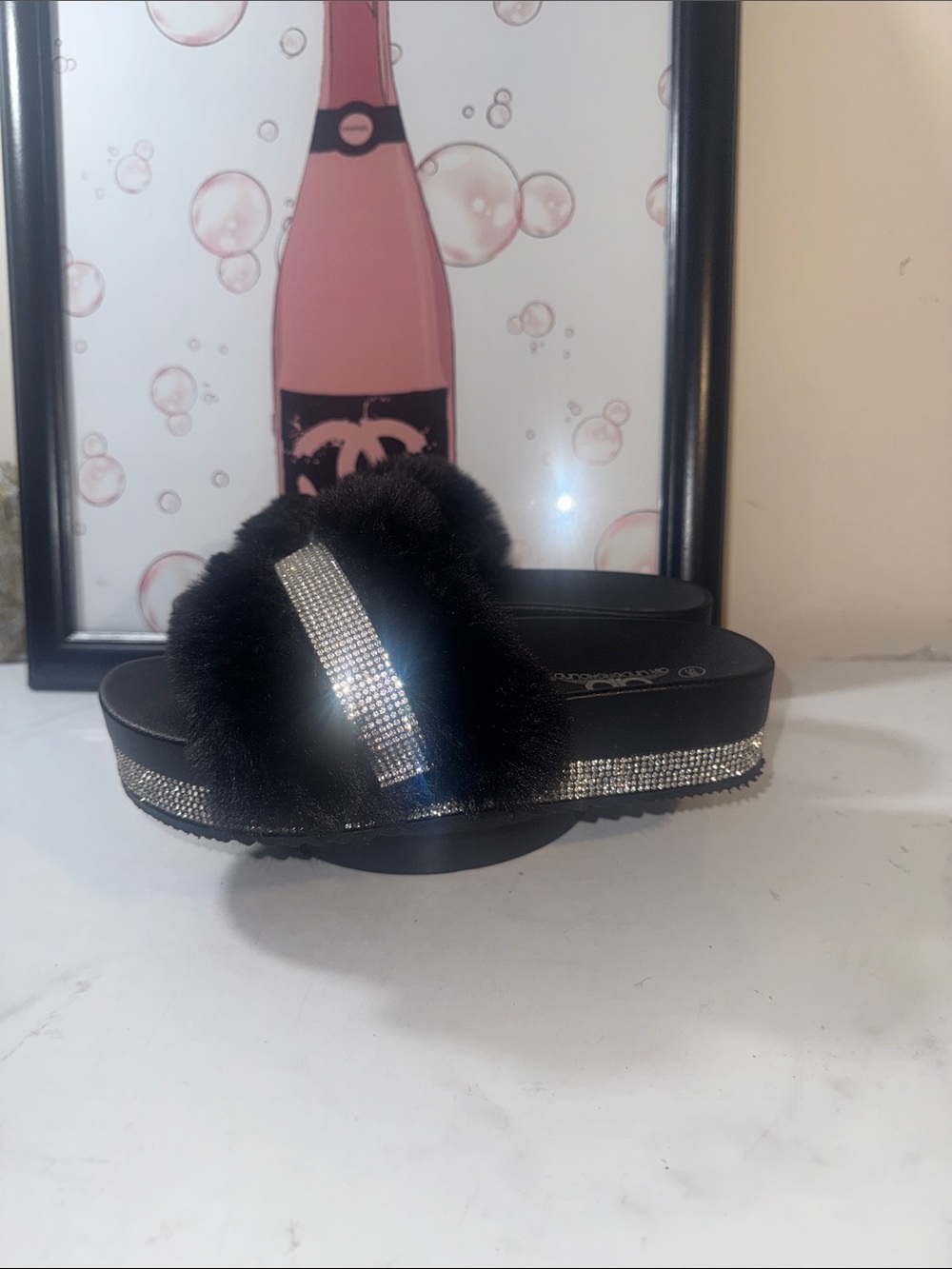 Air Underground Black Faux Fur Slide Sandal with Rhinestone Trim - Women's 5M